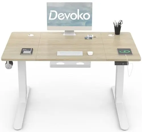 Produktbild: Devoko Höhenverstellbar Schreibtisch 120x80cm mit USB Ladeanschluss, 3 Memory-Steuerung and Anti-Kollisions Technologie, Leise Funktion, Robuster Metallrahmen, Eiche
