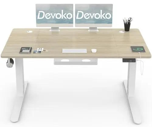 Produktbild: Devoko Höhenverstellbar Schreibtisch 140x80cm mit USB Ladeanschluss, 3 Memory-Steuerung and Anti-Kollisions Technologie, Leise Funktion, Robuster Metallrahmen, Eiche