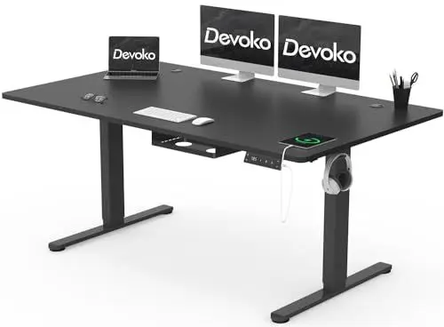 Produktbild: Devoko Höhenverstellbarer Schreibtisch 160x80cm mit Typ-C Ladeanschluss, Schreibtisch Höhenverstellbar Elektrisch, Mobiler Elektrisch Computertisch mit Kabel Management Tray, Schwarz