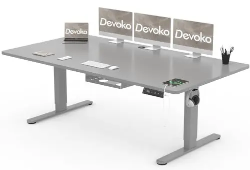 Produktbild: Devoko Höhenverstellbarer Schreibtisch 200x80cm mit Typ-C Ladeanschluss, Schreibtisch Höhenverstellbar Elektrisch, Mobiler Elektrisch Computertisch mit Kabel Management Tray, Grau