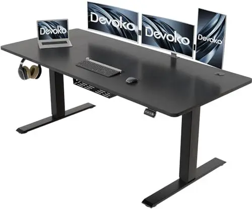 Produktbild: Devoko Höhenverstellbarer Schreibtisch 140 x 60 cm mit Kabelwanne, Elektrisch Höhenverstellbarer Stabiler Stehpult, Computertisch 2-Funktions-Memory, Ergonomischer Steh-Sitz Tisch (Schwarz)