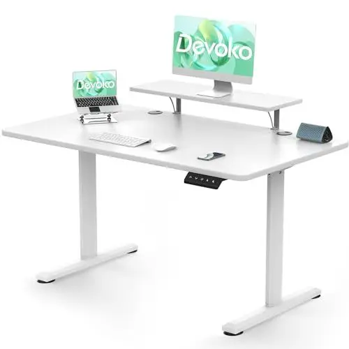Produktbild: Devoko Höhenverstellbarer Schreibtisch Elektrisch 120×60cm Con Soporte para Monitor, Schreibtisch Höhenverstellbar Elektrisch mit 2 Höhen Memory-Steuerung, Ergonomisches Sitz-Stehpult (Weiß)