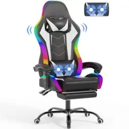 Produktbild: Devoko LED Gaming Stuhl mit Massage, Computerstuhl mit Fußstütze und Massage-Lendenkissen, Racing Gamer Stuhl Ergonomisch mit Verstellbare Kopfstütze, Bürostuhl Gaming Stuhl 130 kg belastbarkeit, Weiß