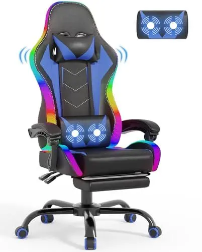 Produktbild: Devoko LED Gaming Stuhl mit Massage, Computerstuhl mit Fußstütze und Massage-Lendenkissen, Racing Gamer Stuhl Ergonomisch mit Verstellbare Kopfstütze, Bürostuhl Gaming Stuhl 130 kg belastbarkeit,Blau