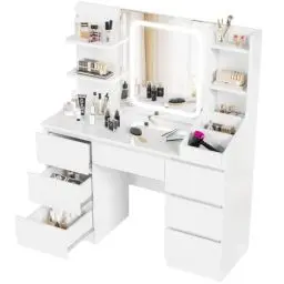 Produktbild: Devoko Große Schminktisch mit Beleuchtung und LED Verstellbaren Helligkeit, Schminktische mit Spiegel und 7 Schubladen, 7 offenen Ablagen, für das Schlafzimmer 110x40x140cm, Weiß