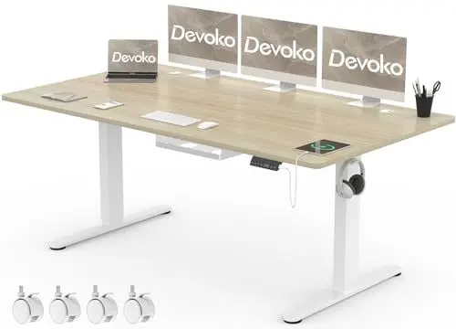 Produktbild: Devoko Höhenverstellbarer Schreibtisch 180x80cm mit Typ-C Ladeanschluss, Schreibtisch Höhenverstellbar Elektrisch, Mobiler Elektrisch Computertisch mit Kabel Management Tray, Eiche