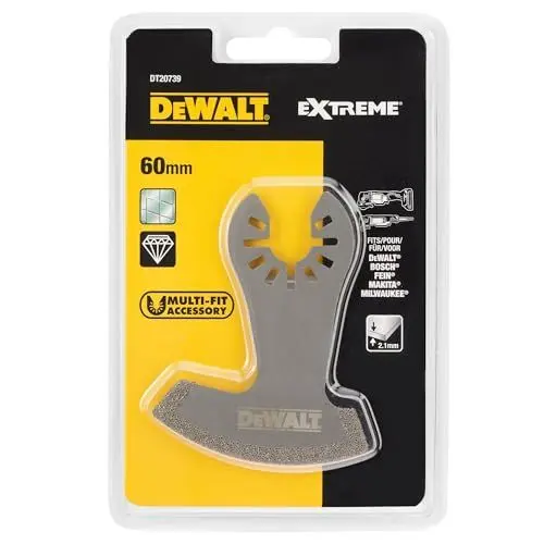 Produktbild: DEWALT Diamant Sägeblatt (75 x 60 mm, Schnittbreite 2,4 mm, Multitool-Zubehör- zum Auffräsen von Fliesenfugen und Schlitzen in Putz, extra lange Standzeit) DT20739