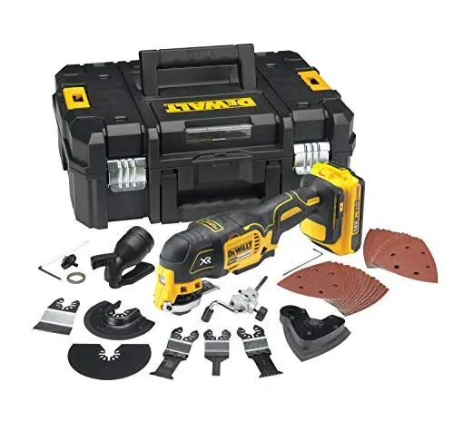 Produktbild: DEWALT Multi-Tool/ Multifunktionswerkzeug (18 Volt, 2,0 Ah Akku, bürstenlos, LED-Arbeitslampe, Airlock-System, inkl. 35-teiliges Zubehör-Set, 2 Akkus, Schnell-Ladegerät und TSTAK Box II) DCS355D2