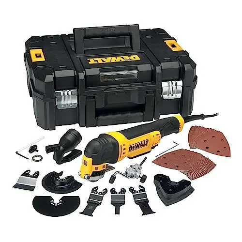 Produktbild: Dewalt 300 W oszillierendes Multi-Tool DWE315KT (stufenlos regulierbare Geschwindigkeit, werkzeugloser Zubehörwechsel, LED-Leuchte, Staubabsaugung, inkl. 37-tlg. Zubehör Set, T-STAK-Box)