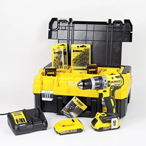 Produktbild: DEWALT XR Akku-Schlagbohrschrauber Set DCK796D2T – Schlagbohrmaschine mit 2-Gang-Vollmetallgetriebe & bürstenlosem Motor zum Schrauben, Bohren & Schlagbohren – 1 x Schlagbohrer Li-Ion 18 V + Zubehör