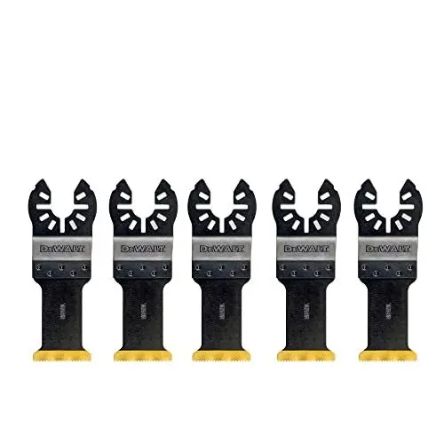 Produktbild: Dewalt 5er-Pack Titan Metall-Sägeblatt DT20727 (passend für Dewalt Multi Tool DWE315, DCS355 u. gängige oszillierende Werkzeuge, 43x30 mm, zum Einsatz in Holz, Metall, Holz mit. Nägeln, Kunststoff)