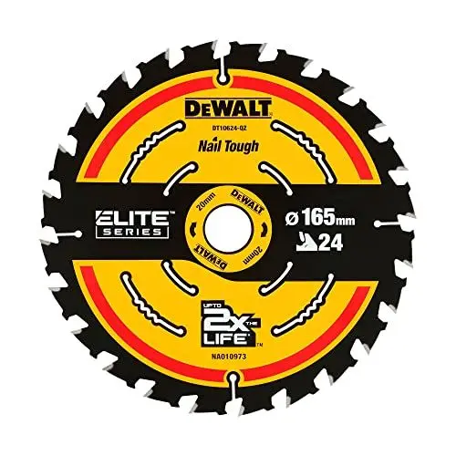 Produktbild: Dewalt Elite Kreissägeblatt DT10624 (Sägeblatt-ø 165/20 mm, Schnittbreite: 1,65 mm, 24 Zähne, Zahngeometrie: WZ, Zahnwinkel: 18°, ultra-scharfe Hartmetall-Zähne, mit Nail Tough, für Universal-Einsatz)