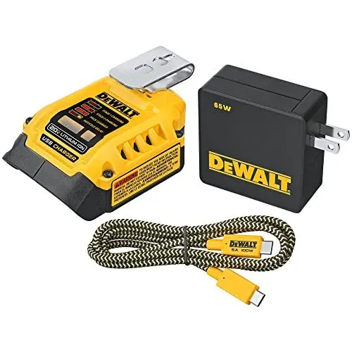 Produktbild: DEWALT Kombi-Ladegerät mit Powerbank-Funktion DCB094K (für alle 18V XR & XR Flexvolt Akkus, 5A Ladestrom, Bi-polarer USB-C Port, inkl. E-marked USB-C Kabel, 230V Netzteil, Metallgürtelhaken)