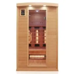 Produktbild: Dewello® Infrarotkabine Infrarotsauna Hyder 115x105 für 1-2 Personen aus Hemlock Holz mit Vollspektrumstrahler, LED-Farblicht, Bluetooth, FM,MP3,USB