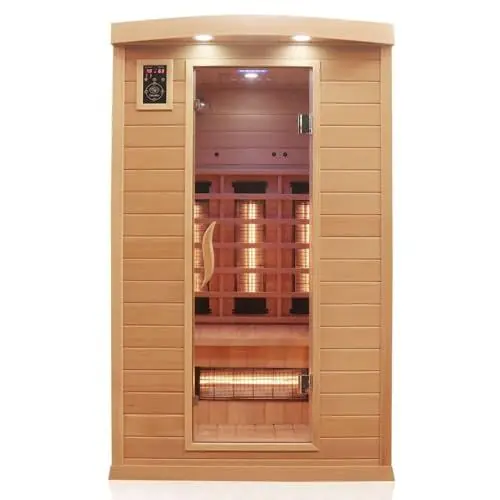 Produktbild: Dewello® Infrarotkabine Infrarotsauna Hyder 115x105 für 1-2 Personen aus Hemlock Holz mit Vollspektrumstrahler, LED-Farblicht, Bluetooth, FM,MP3,USB