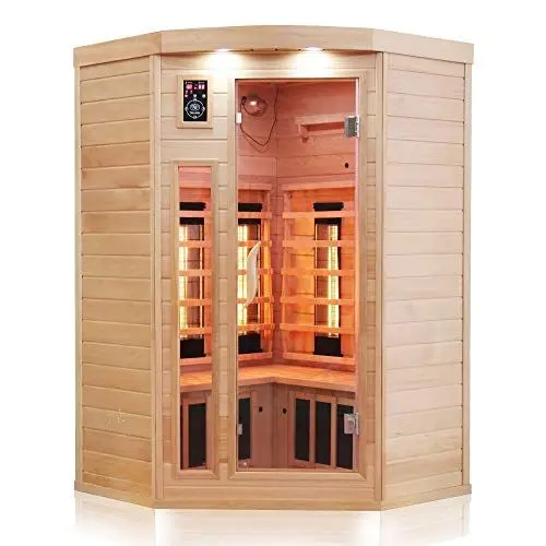 Produktbild: Dewello® Infrarotkabine Infrarotsauna LAKEFIELD 140cm x 140cm für 2-3 Personen aus Hemlock Holz mit Vollspektrumstrahler, LED-Farblicht, Bluetooth, FM,MP3,USB