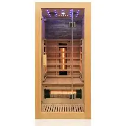 Produktbild: Dewello® Infrarotkabine Infrarotsauna MILTON 90x90 für 1 Personen aus Hemlock Holz mit Vollspektrumstrahler, LED-Farblicht Sternenhimmel und Steinwand, Bluetooth, FM,MP3,USB