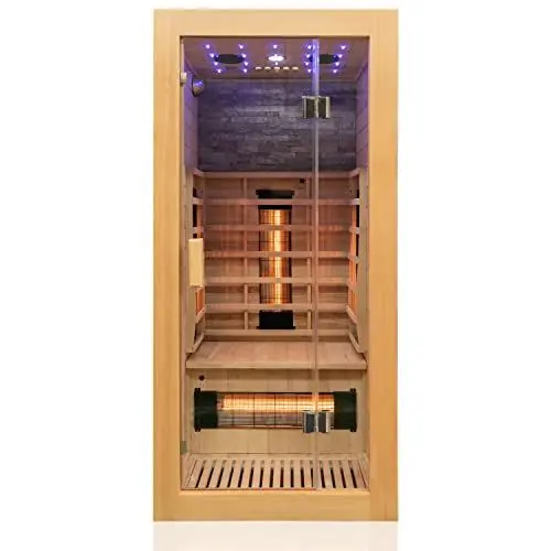 Produktbild: Dewello® Infrarotkabine Infrarotsauna MILTON 90x90 für 1 Personen aus Hemlock Holz mit Vollspektrumstrahler, LED-Farblicht Sternenhimmel und Steinwand, Bluetooth, FM,MP3,USB