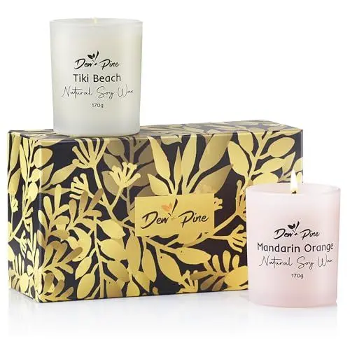 Produktbild: DEW+PINE 100% natürliche Sojawachs Duftkerzen Geschenkset 2er-Set, Tiki Beach & Mandarin Orange, Kerzen im Glas mit ätherischen Ölen, Frauen Damen Geschenk, Wachs Deko Duft Aroma-Therapie Set