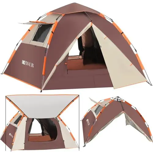 Produktbild: Dewur Camping Zelt, Pop up Zelt 4 Personen Familie Kuppelzelt Wasserdicht Winddicht mit 2 Mesh-Tür, Fenster, 2 in 1 Doppelschichten, Tragetasche für Camping Wandern Backpacking