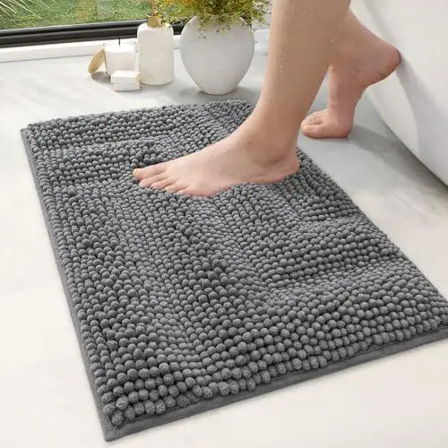 Produktbild: DEXI Badezimmerteppich 40 x 60 cm, Chenille Flauschiger Badematte, Badvorleger rutschfest waschbar, Saugfähige Badteppich, weicher Duschvorleger für Badezimmer, Grau