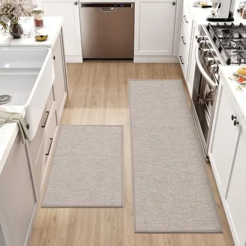 Produktbild: DEXI Küchenläufer rutschfest 2 Stück, Küchenteppich Waschbar, Hochwertige Küchenmatten, Teppich Läufer Flur für Küche, Terrasse & Wohnraum, 43.5x75cm + 43.5x200cm, Beige