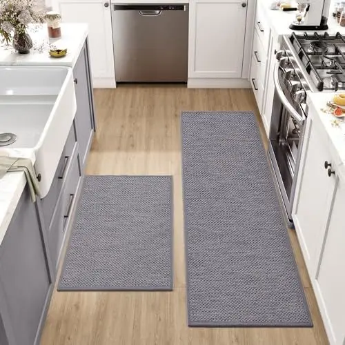Produktbild: DEXI Küchenläufer rutschfest 2 Stück, Küchenteppich Waschbar, Hochwertige Küchenmatten, Teppich Läufer Flur für Küche, Terrasse & Wohnraum, 43.5x75cm + 43.5x150cm, Grau