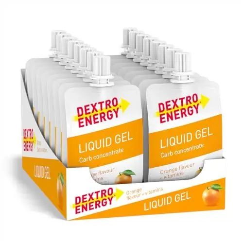 Produktbild: DEXTRO ENERGY LIQUID GEL ORANGE + VITAMINS - 18x60ml (18er Pack) - Traubenzucker Konzentrat aus schnell verfügbaren Kohlenhydraten, Energy Gel, Vitamin B6, Energy Riegel Alternative