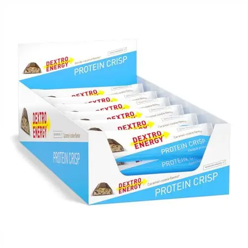 Produktbild: Dextro Energy, Protein Crisp Caramel Cookie, 24x50g (24er Pack), Ausdauer Protein Bar mit 3:2 Verhältnis, mit Kohlenhydraten und Protein, Eiweißriegel für Workout und Regeneration, Glutenfrei