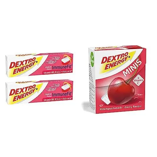 Produktbild: Dextro Energy Immunfit Sticks Tropical - 2x47g (2er Pack) & Minis - Kirsche + VITAMIN C - 1x50 g - Traubenzucker Täfelchen mit FRUCHTIGEM GESCHMACK - schnell verfügbare Glukose für unterwegs