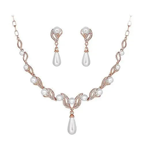 Produktbild: Deyanse Brautschmuck Set, Hochzeit Schmucksets für Damen, Luxus Braut Schmuck Set mit Strass & Künstliche Perle Halskette und Ohrhänger, Allergenfrei Rosegold Hochzeitsschmuck für Braut Brautjungfern