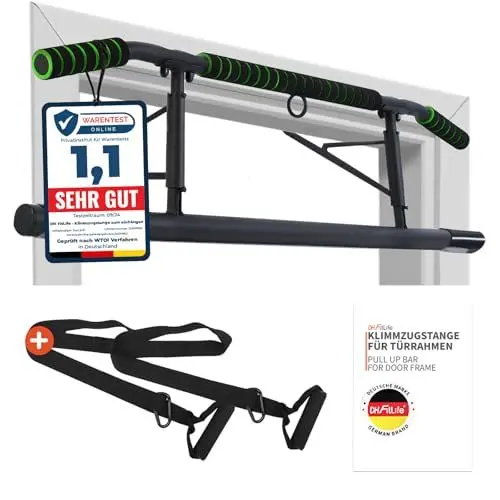 Produktbild: DH FitLife Klimmzugstange Türrahmen ohne Schrauben | Pull up bar Doorway | Türreck zum Krafttraining | Rückentrainer zum Einhängen | inkl. Schlingentrainer | Für Tür 70-92cm