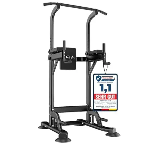 Produktbild: DH FitLife Power Tower Dip Station | Sport Geräte mit Klimmzugstange, Dip Barren u. Rückentrainer | Kraftstation Kraftturm | Fitness Station | Power Rack for Home Gym | Krafttraining für Zuhause