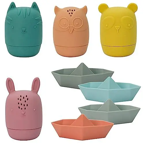Produktbild: Dhnvcud 8 Stück Spritztiere Badewannenspielzeug mit Boote ab 1 2 3 4 Jahr, Silikon Badespielzeug Baby, Schimmelfreies Wasserspielzeug Kinder, Wasserspielzeug Baby ab 6 Monate, Spielzeug Badewanne
