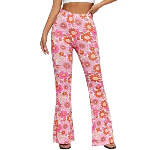 Produktbild: DhogSuai Schlaghose Damen 70er Jahre Retro Hippie Hose Boho 60er Blumen Freizeithose Bunte High Waist Disco Pant Flared Leggings Cosplay Outfit Mode Kostüm (XL)