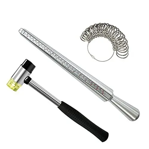 Produktbild: DHSDONLINE Ringmaß mit Gummihammer, Juweliere, Fingergrößenmesswerkzeug, EU-Größen 41-76, Stahlringdorn Schmuckherstellungs-Set für Damen und Herren
