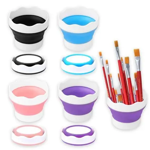 Produktbild: DHSWNNG 4 Stück Wasserbecher für Pinsel Silikon Faltbarer Pinselbecher Malbecher Wassertankpinsel Wascheimer Tragbar Malerei Pinsel Waschen Eimer für Aquarell-Acryl-ölgemälde