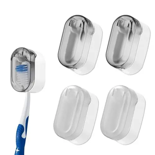 Produktbild: DHSWNNG 4 Stück Zahnbürstenhalter Wand Ohne Bohren Selbstklebender Staubdicht Zahnbürsten Organizer Tragbare Zahnbürste Schutzhülle Halterung für Badezimmer Reisen (Weiß Hellgrau)