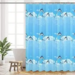 Produktbild: DHSWNNG Duschvorhang 180x200 cm Duschvorhänge Delfine Badewanne Vorhang Wasserdichter Duschvor Hang mit 14 Duschvorhängeringen Blickdicht Shower Curtains für Badezimmer (Blau)