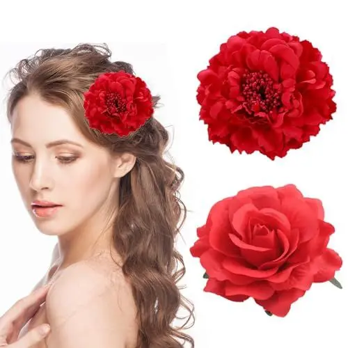 Produktbild: DHWEKU 2Pcs Chiffon Blume Blütenblatt Haarspange Barrettes Zubehör Krokodilklemme Mädchen Kopfbedeckung Kopfbedeckung Blume Mädchen Frauen Party Strand Hochzeit Hawaii Blumen Haarspange (rot)