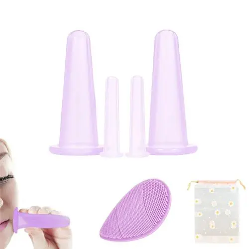Produktbild: DHWEKU Silikon Schröpfen,Cellulite Cup Massagegeräte tools set,Schröpfgläser,Anti Aging Anti Cellulite Zurück Körper für ganzen Körper mit Gesichtsreinigungsbürste und Kordelbeutel (4 Stück/Lila)