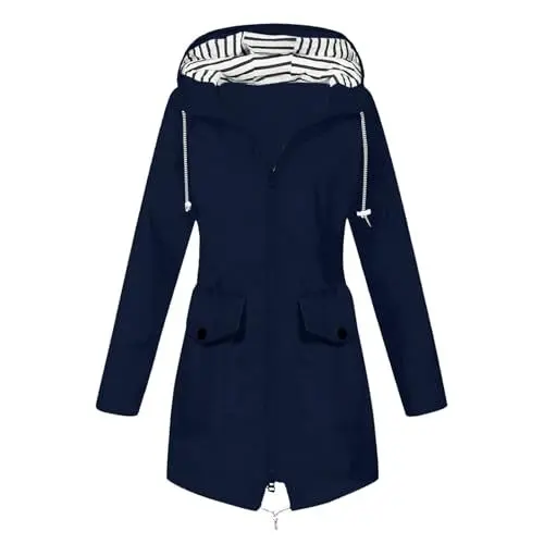 Produktbild: DHYUEN Damen Parka Lässig Bikerjacke Regenponcho Freizeit Raincoat Übergangsjacke Wasserdicht Elegant Regenbekleidung Fahrrad Laufjacke Weich Wanderjacke Regenjacke Damen Wasserdicht Lang（1-Blue，XXL）