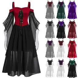 Produktbild: DHYUEN Halloween Gothic Kleid Damen Slim Fit Winterkleid Horror Braut Kostüm Blusenkleid Tag Der Toten Petticoat Kleid Strickkleid Schwarzes Kleid Damen Halloween Kleid Mädchen（3-Vermilion，XL）