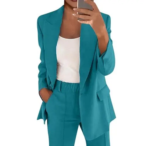 Produktbild: DHYUEN Hosenanzug Für Damen Festlich Freizeitanzug Zweiteiler Elegant Blazer+Hose Sportlich Loungewear Trainingsanzug Business Outfit Sommer Blazer Und Anzughose (D-Blue, 4XL)