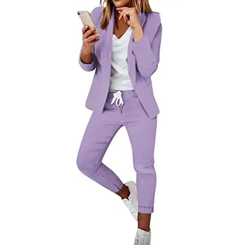 Produktbild: DHYUEN Hosenanzug Damen Festlich Elegant Langarm Freizeitanzug Hosenanzug Damen Elegant 2 Teiler Party Outfit Streetwear Trainingsanzug Anzugjacke Blazer Weiß Damen Hosenanzüge（A##Purple，S）