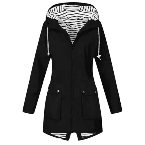 Produktbild: DHYUEN Jacke Damen Casual Regenjacke Regenjacke Damen Leicht Outdoor Rain Coat Regenparka Weich Warmer Windbreaker Damen Gefüttert Parka Elegant Windjacke Softshelljacke Damen Wasserdicht（2-Black，L）