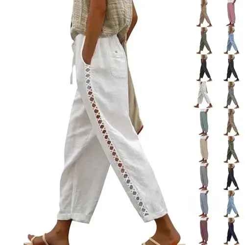 Produktbild: DHYUEN Leichte Hose Damen Sommer Mit Tunnelzug Und Taschen Stoffhose Stoffhose Damen Sommer Strandhose Lockere Softshellhose Outdoorhose Marlene Hosen Damen Sommer Yoga-Hosen Sommerhose（2-White，M）