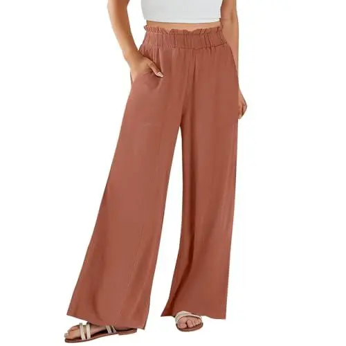 Produktbild: DHYUEN Musselin Hose Damen Sommer Palazzo Hose Sommerhose Damen Leicht Hosen Mode Strandhose Plissee Hose Leichte Hose Damen Sommerleichte Sommerhose, Damen Breite Hosen Flatterhose（Vermilion，XXL）