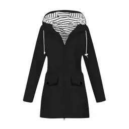 Produktbild: Fleece Jacke Damen Streifen Gefütterte Parka Teddyjacke Damen Lässig Sportjacke Regenparka Vintage Bequem Regenbekleidung Fahrrad Softshellmantel Elegant Regenponcho Übergangsjacke（3-Black，XXL）