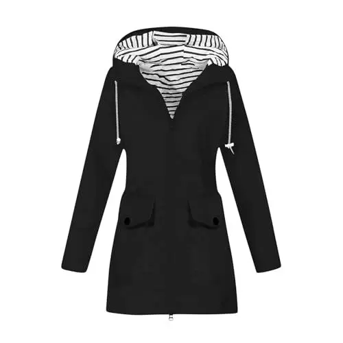 Produktbild: DHYUEN Plüschjacke Damen Freizeit Regenparka Windbreaker Atmungsaktiv Jacket Regenponcho Herbst Und Winter Mit Kapuze Regenparka Damen Herbstmantel Luftige Regenjacke Übergangsjacke Damen（3-Black，M）